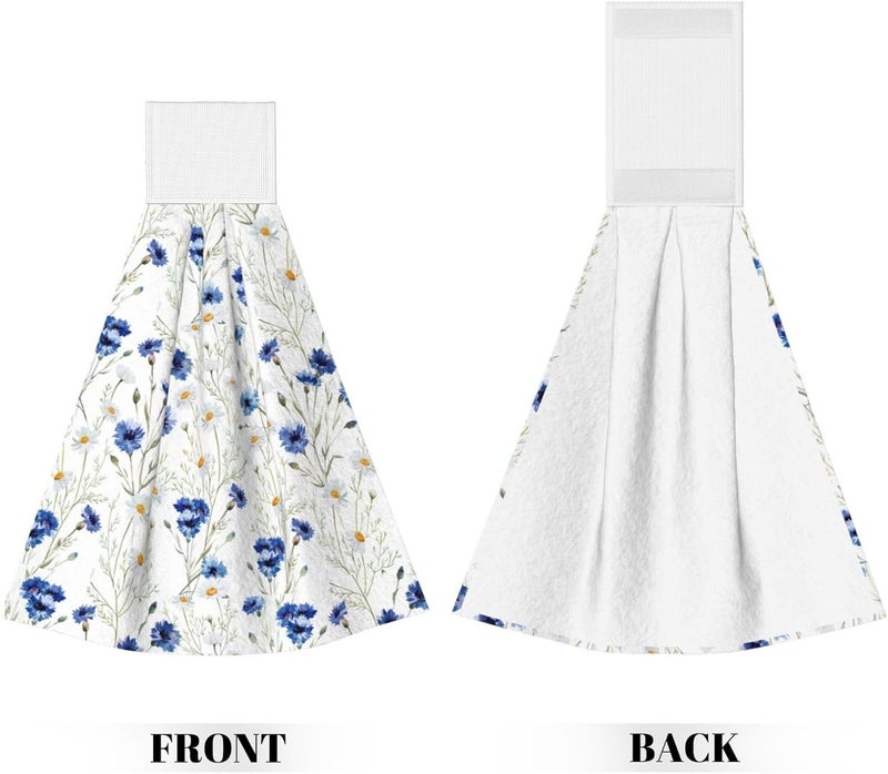 PDDCWAY Floral Cornflowers Hanging Kitchen Towels Set of 2 Spring Summer Flowers Hand Towel with Hanging Loop Wildflower Blue Daisy Dish Towel Soft Absorbent Bath Tie Towel for Bathroom Farmhouse - Image 2